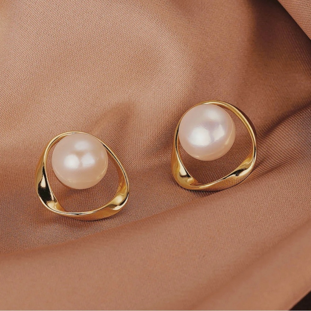 Gold Plated 925 Sterling Silver Large Pearl Stud Earrings